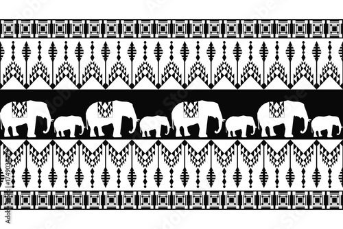 Black and white tribal pattern with elephant motifs inspired by Thai and Southeast Asian textile art. The geometric ethnic design features rows of elephants combined with traditional tribal decoration