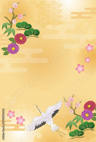 お正月 和風 和柄背景 松竹梅 鶴 牡丹 菊 年賀状 金 New Year Japanese pattern background Pine, bamboo, plum, crane, peony, chrysanthemum, New Year's card, gold