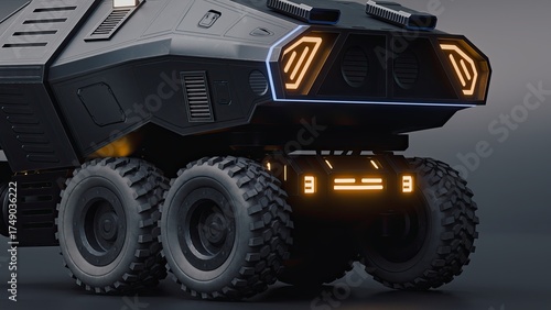 Foto Futuristic armored vehicle with glowing orange lights and rugged off road tires