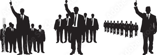 Silhouette of business leaders raising hands in confidence, symbolizing leadership, motivation, success, teamwork, and unity — concept of empowerment, corporate vision, and professional achievement