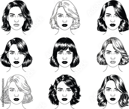 Collection of nine black and white sketched portraits of women s faces