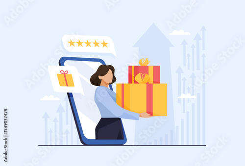 Female character holding gift boxes coming out of smartphone screen with rating stars and gift icons. Flat vector illustration. Online shopping and delivery concept.