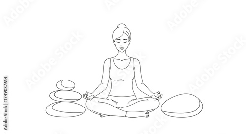 Meditating Woman with Stacked Stones in Lotus Pose, Promoting Calm and Wellness Through Yoga