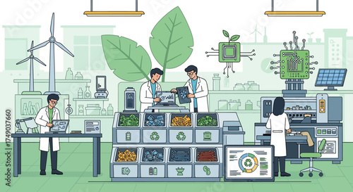Illustration of a futuristic laboratory where scientists develop sustainable solutions for green energy and recycling