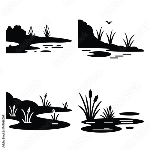 wetland minimal flat icon set, black color and white background