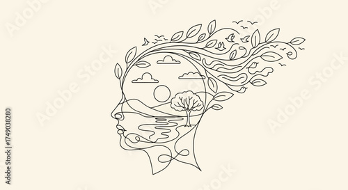 Abstract artistic representation of a human head silhouette filled with natural elements and scenery, symbolizing imagination and creativity