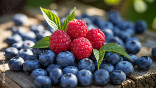 Wallpaper Mural A closeup of fresh raspberries and blueberries on a rustic wooden surface Torontodigital.ca
