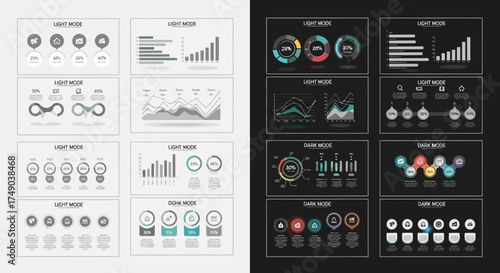 Modern infographic templates for data visualization. Diverse business charts, graphs, UI elements. Light and dark mode designs for presentations, reports, and analytics
