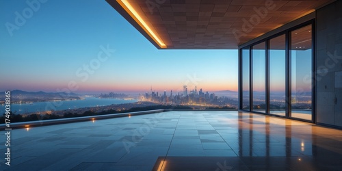 Modern Rooftop View at Sunset Over City Skyline