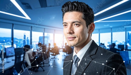 Businessperson Overlooking Cityscape with Digital Network Overlay at Sunrise
