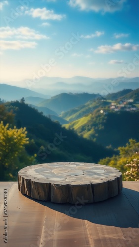 Mountain Landscape with Wooden Tabletop and Clear Sky