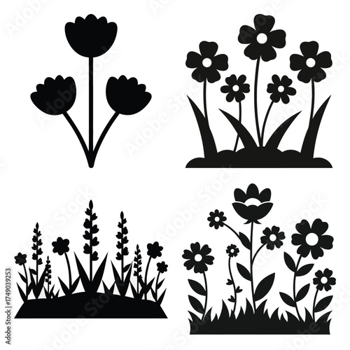 flower meadow minimal icon set, black color and white background