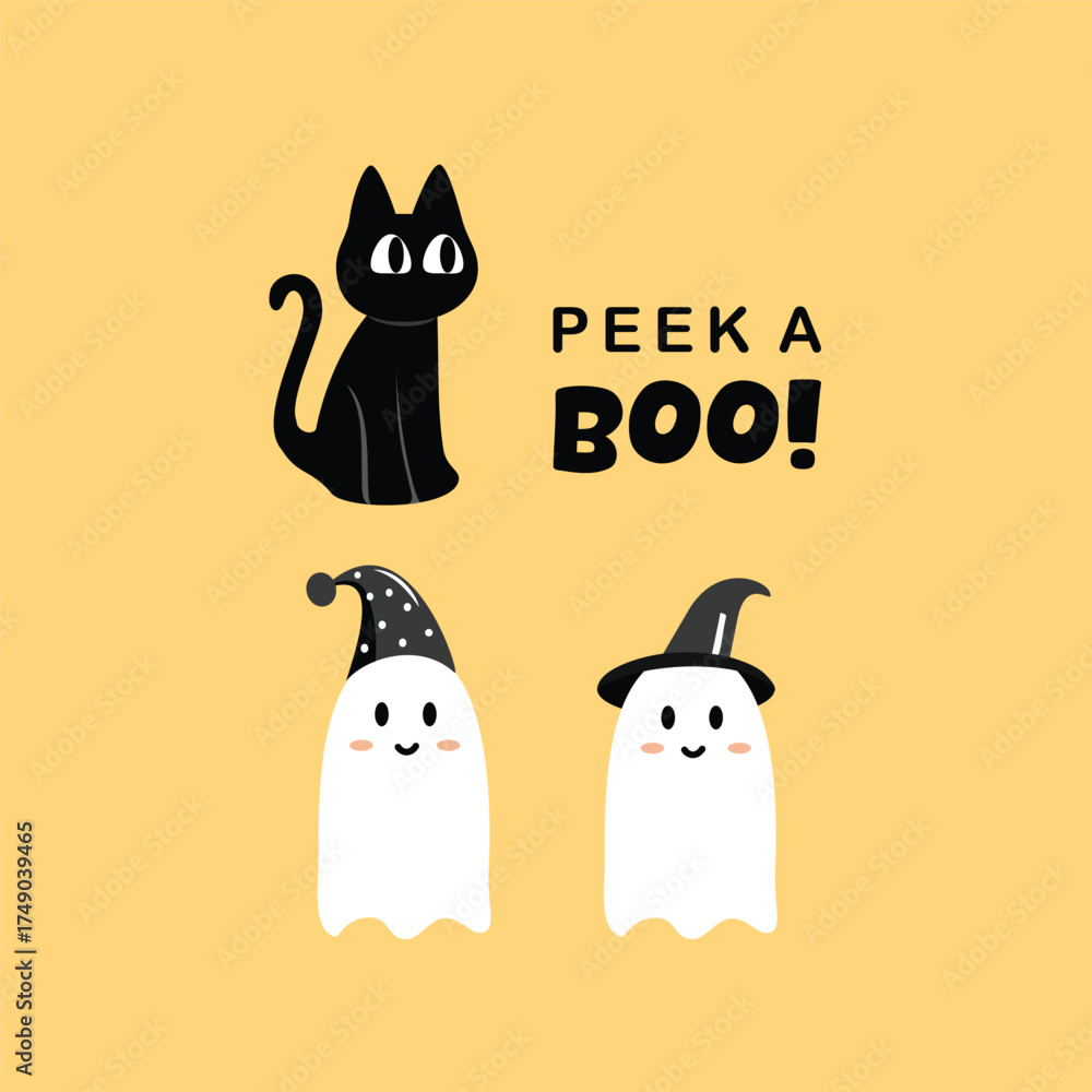 Fototapeta premium Halloween element. Black cat and ghost. Peek a boo.