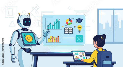 AI robot teacher offers interactive digital lessons to a student, displaying educational data and concepts on a holographic screen, symbolizing personalized future education