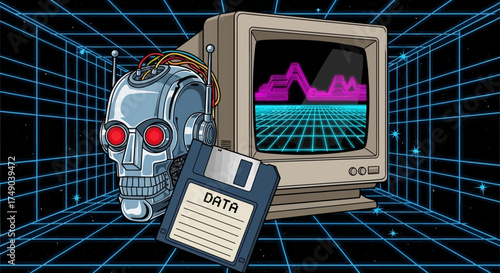 Retro computer and robot skull with floppy disk and digital grid background