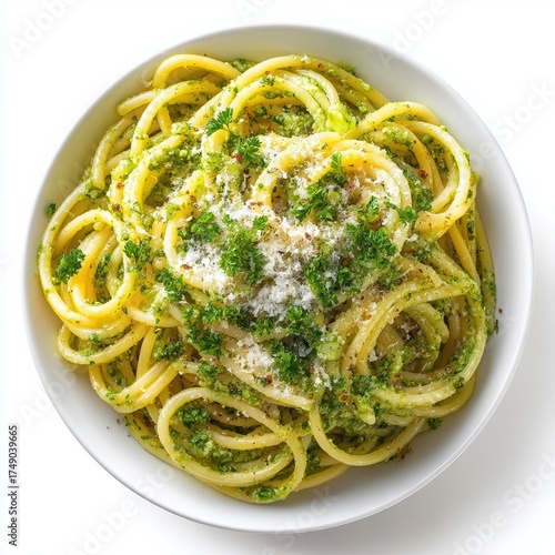 Pasta with green pesto sauce topped with grated cheese and fresh parsley White bowl white background top down view