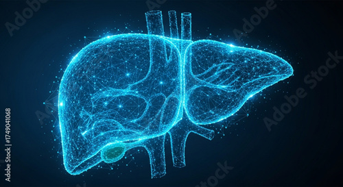 World Hepatitis Day 3D Digital Visualization of Human Liver Anatomy with Vascular System in Blue Neon Graphic Style
