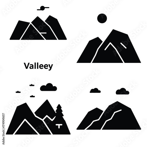 valley minimal flat icon set, black color and white background