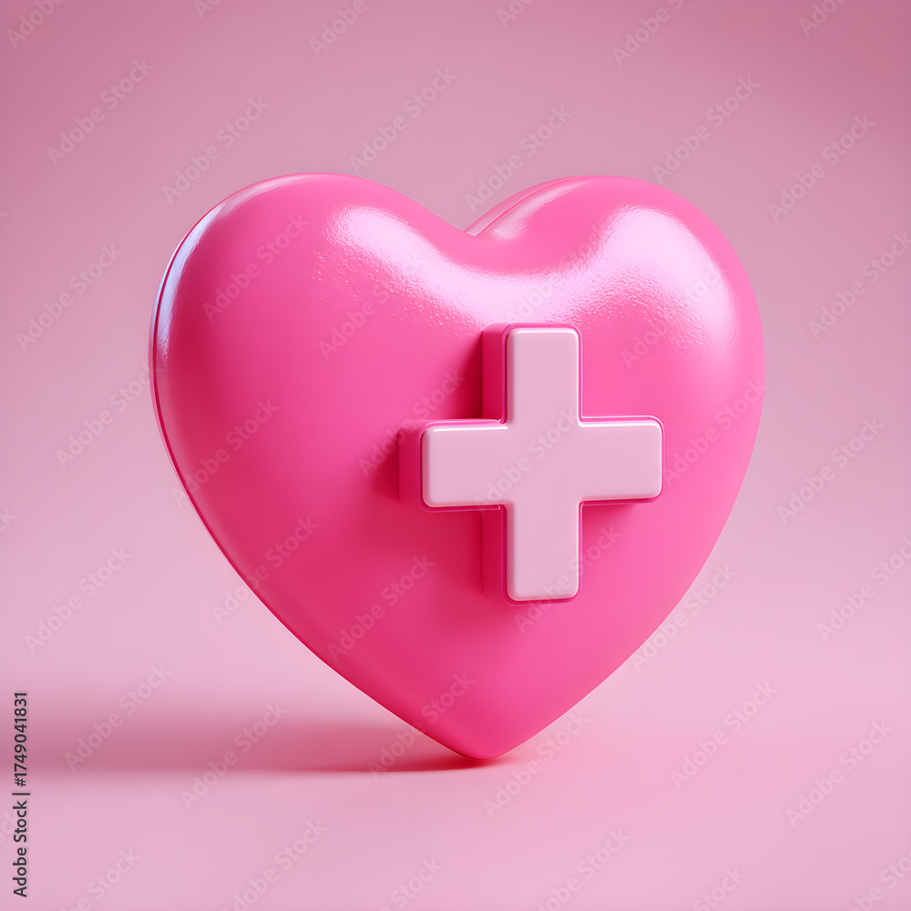 Obraz premium Pink heart with a medical cross symbol represents healthcare, love, and wellbeing in a minimalist composition.