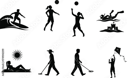 Beach activities silhouette, surfing, snorkeling, sunbathing, kite flying, metal detecting, ball play, cad drawing flat vector illustration, seaside leisure black art