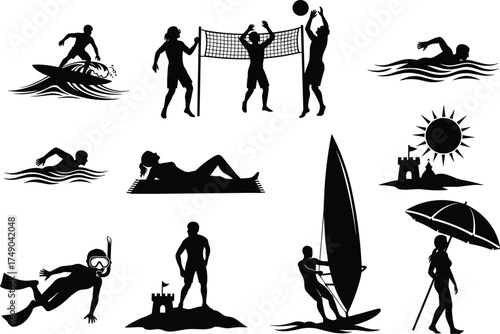 Beach activity silhouettes, summer vacation icons, water sports vector, coastal leisure symbols, surfing, swimming, sunbathing, snorkeling, cad drawing flat vector illustration