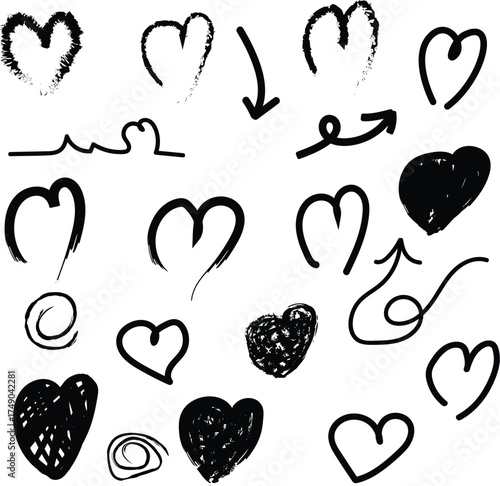 Hand drawn doodle line hearts. Hand drawn heart love symbol collection