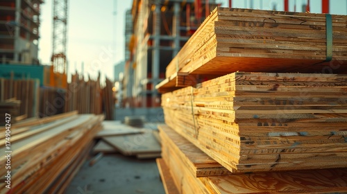 A photo of stacks of plywood sheets on a construction site.
