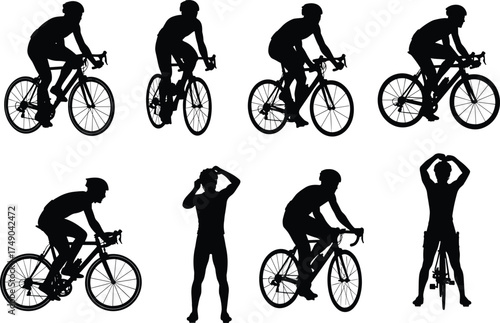 Cycling posture, road bike silhouette, rider stretching, pedaling motion, cad drawing flat vector illustration, black and white fitness activity, cycling poses