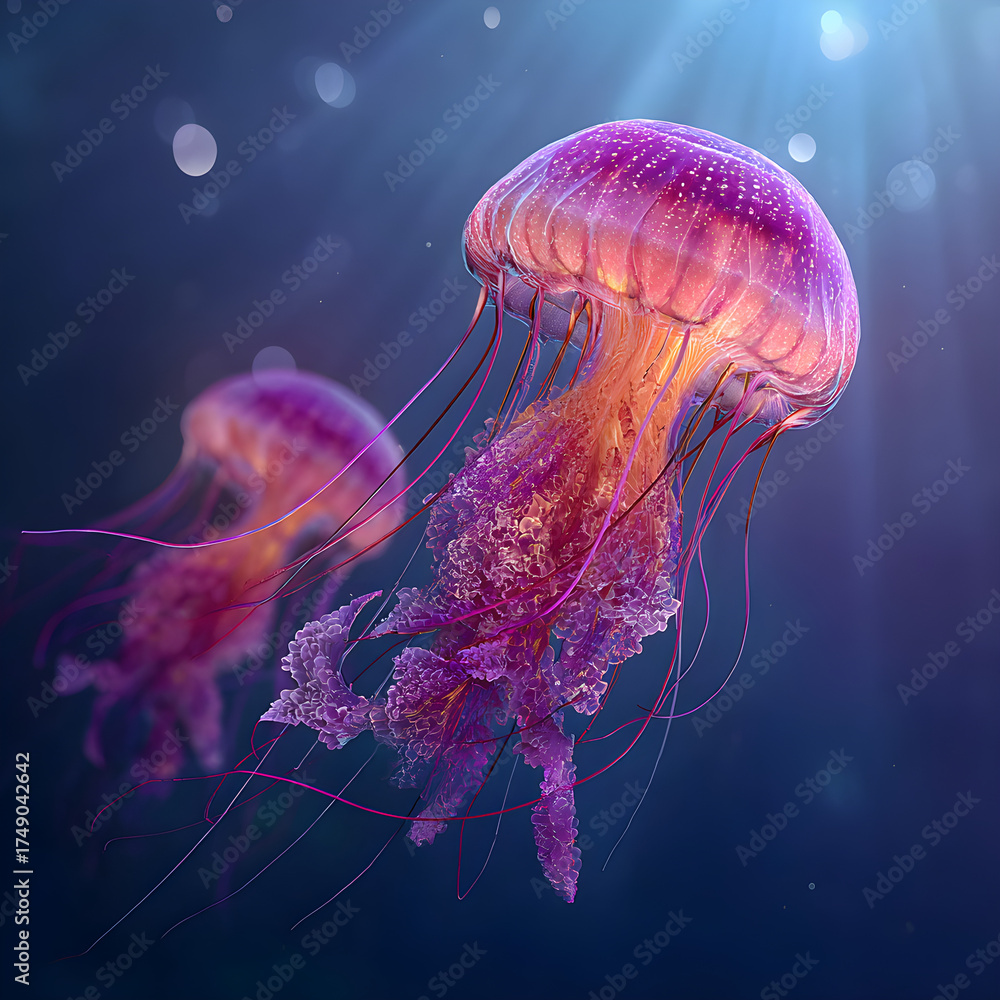 Fototapeta premium Bioluminescent jellyfish gracefully drift through deep blue ocean waters illuminated by sunbeams and gentle currents.