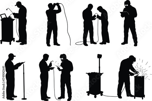 Engineering task silhouettes, technical work icons, industrial teamwork scenes, electronics and diagnostics vector, cad drawing flat vector illustration, black silhouette art
