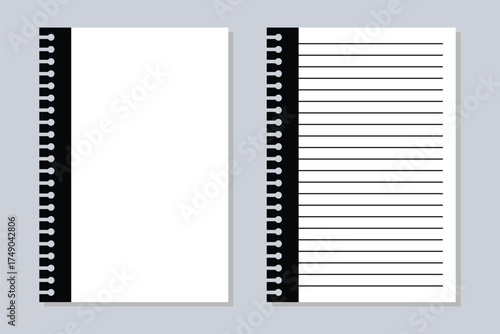 Mockup of realistic notebook with black cover, metal spiral binders, opened book with blank line and cell paper. Open spiral notebook with blank lined pages vector illustration. eps 10