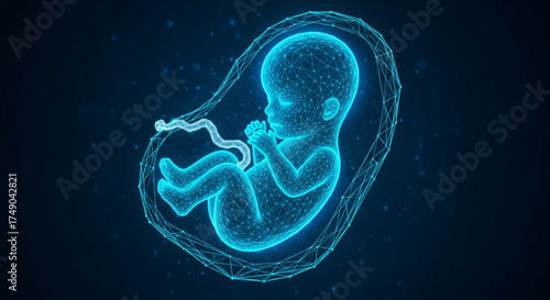Digital Visualization of Human Fetus Development in Womb with Futuristic Blue Holographic Interface, Science Concept