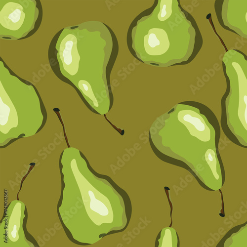 Seamless pattern with pear on color background. Natural delicious fresh ripe tasty fruit. Sweet pears with leaves. Food concept. Vector illustration for print, fabric, textile.