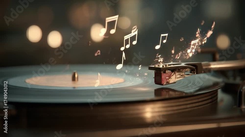 Vinyl's Symphony: A vintage record player spins a classic vinyl record, as musical notes dance above, encapsulating the timeless joy of music in a warm, nostalgic atmosphere.