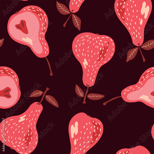 Seamless pattern with pear on color background. Natural delicious fresh ripe tasty fruit. Sweet pears with leaves. Food concept. Vector illustration for print, fabric, textile.