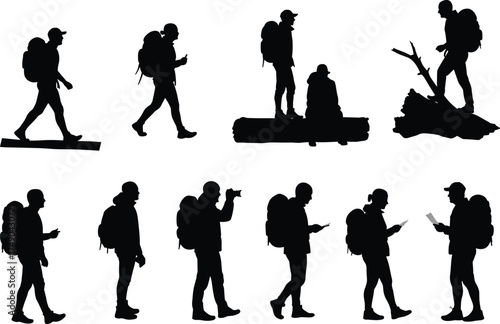 Hiking and exploration silhouettes, backpack trekking icons, nature observation scenes, outdoor adventure vector, cad drawing flat vector illustration, black silhouette art