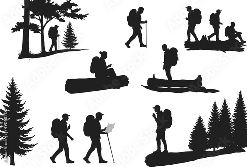 Hiking and nature silhouettes, forest exploration icons, backpack and trekking scenes, cad drawing flat vector illustration, black silhouette art, outdoor activity
