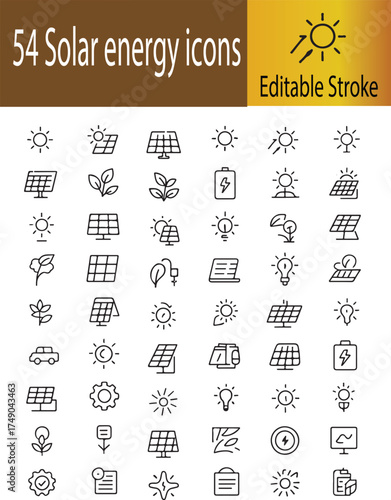 Solar Energy Icons Set, Renewable Power and Electricity Line Symbols, Green Energy and Sustainability Vector Illustration on White Background