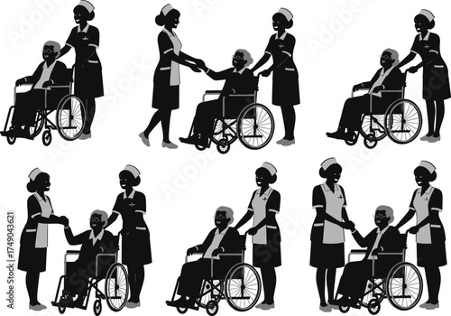 Nurse and elderly care, wheelchair support, medical compassion, healthcare scene, cad drawing flat vector illustration, black and white caregiving concept, hospital staff