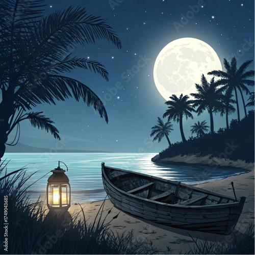 Tranquil tropical island beach scene under a full moon