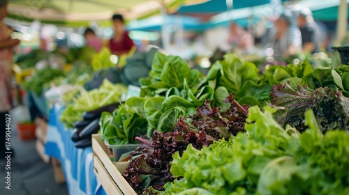 A photo of vibrant green lettuce at a farmer's market.