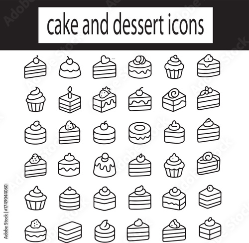 Cake and Dessert Icons Set, Sweet Food and Bakery Line Symbols, Pastry and Confectionery Vector Illustration on White Background