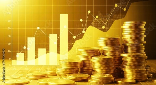 Golden coins stacked with a rising bar graph and line chart overlayed, representing financial growth and investment success.