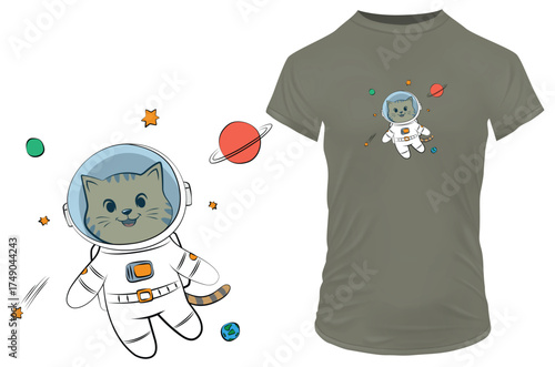Cute happy cat dressed as an astronaut in space. Vector illustration