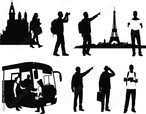Travel landmarks, tourist activity, sightseeing silhouettes, backpacker journey, photography moment, cad drawing flat vector illustration, black and white tourism concept, cultural exploration