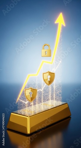 A golden bar with an upward arrow and security symbols representing financial growth.