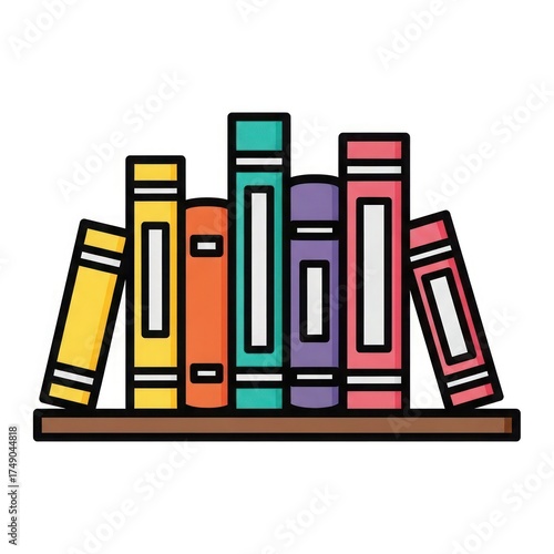 A colorful illustration showcasing a collection of books standing upright on a shelf.