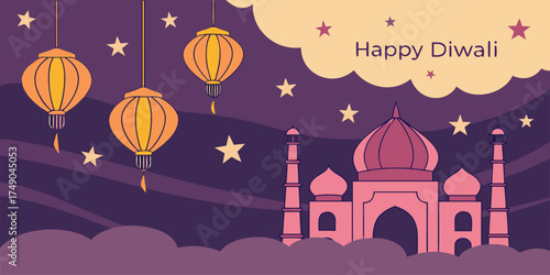 Festive paper art vector of Happy Diwali night with layered indigo and magenta skyline, hanging paper lanterns in orange and gold, glowing diyas in foreground casting soft yellow light