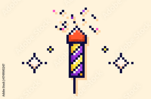 Bright colorful pixel art party popper with confetti around.