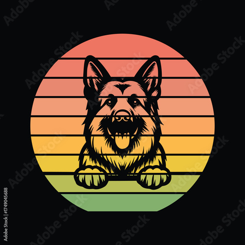 German Shepherd Dog Peeking Sunset Vintage Retro Dog Lover